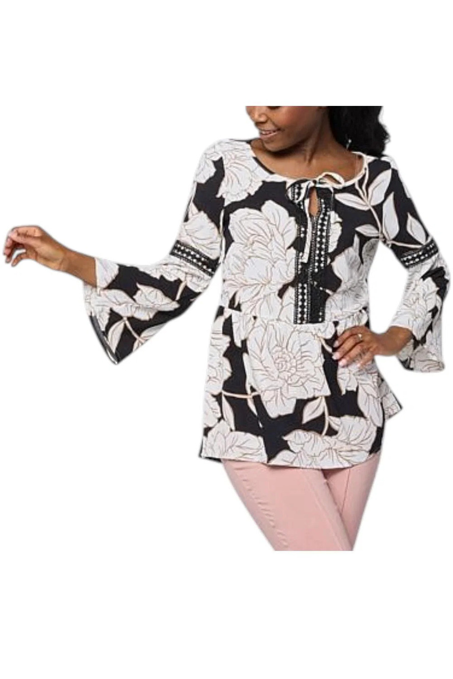 Nina Leonard Women's Floral Printed Textured Wave Blouse Black - Regular
